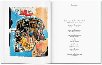 The TASCHEN Basquiat book by TASCHEN displays a vibrant abstract portrait by Jean-Michel Basquiat on the left page and a table of contents about his life, art, and influence on contemporary culture on the right.
