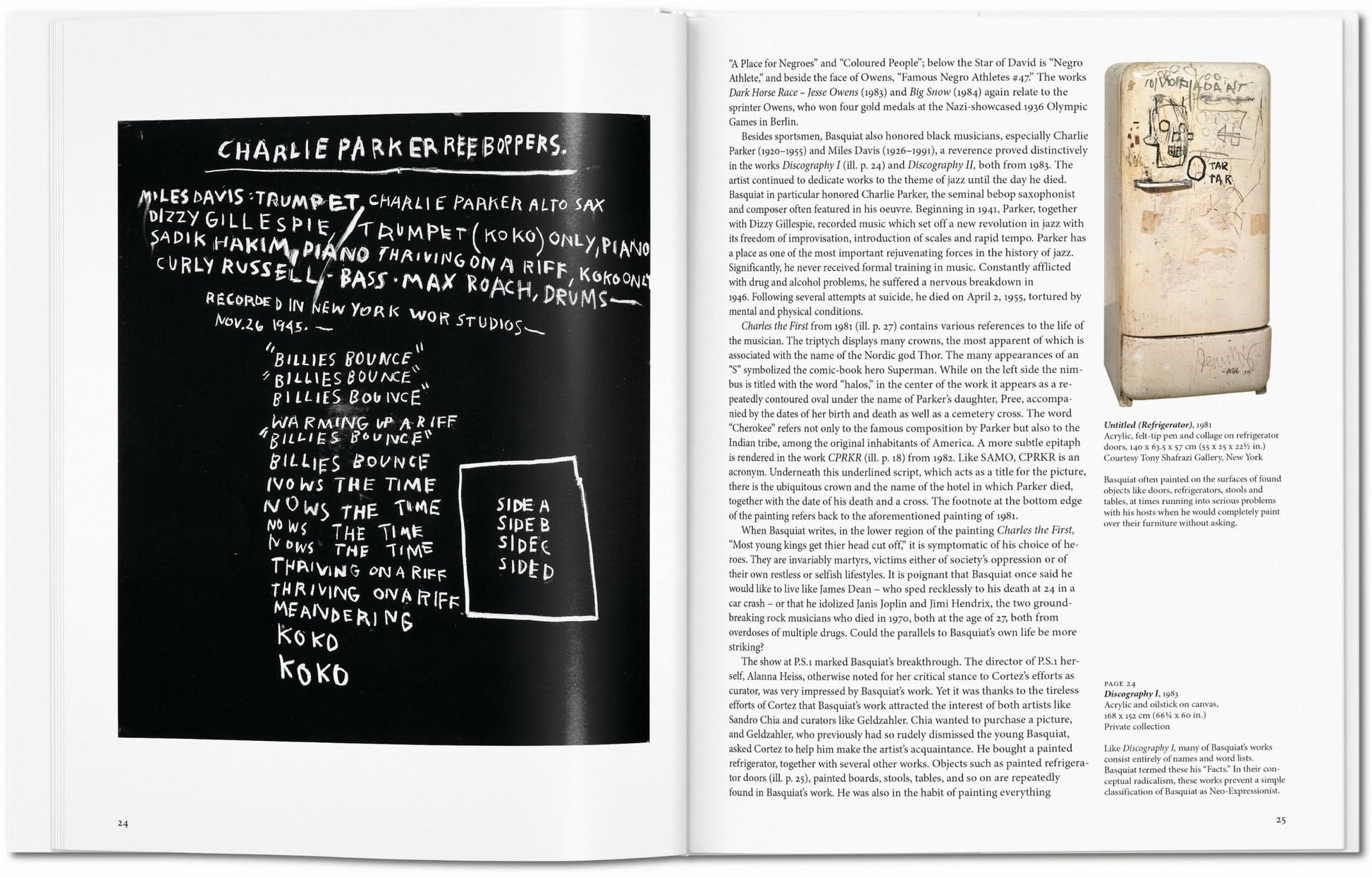 In TASCHEN Basquiat by TASCHEN, an open book displays a handwritten jazz chart on a chalkboard on the left and text with a photo of an aged refrigerator on the right, capturing Basquiat’s unique blend of cultural expression and contemporary art.
