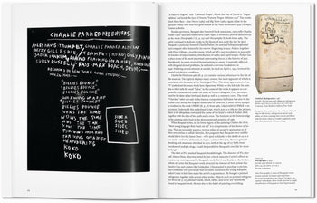 In TASCHEN Basquiat by TASCHEN, an open book displays a handwritten jazz chart on a chalkboard on the left and text with a photo of an aged refrigerator on the right, capturing Basquiat’s unique blend of cultural expression and contemporary art.