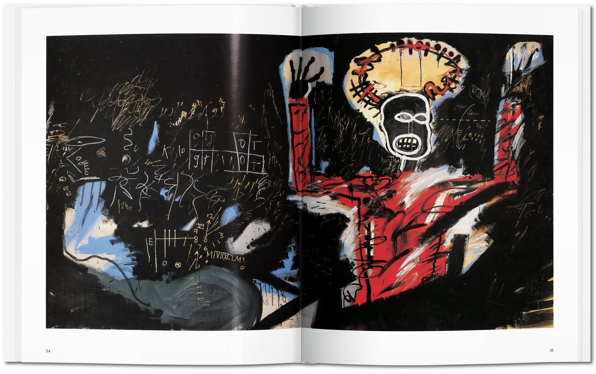 The TASCHEN Basquiat art book by TASCHEN features bold, abstract figures in red and blue on a dark background, highlighting expressive brushstrokes and symbols as striking examples of contemporary cultural art.