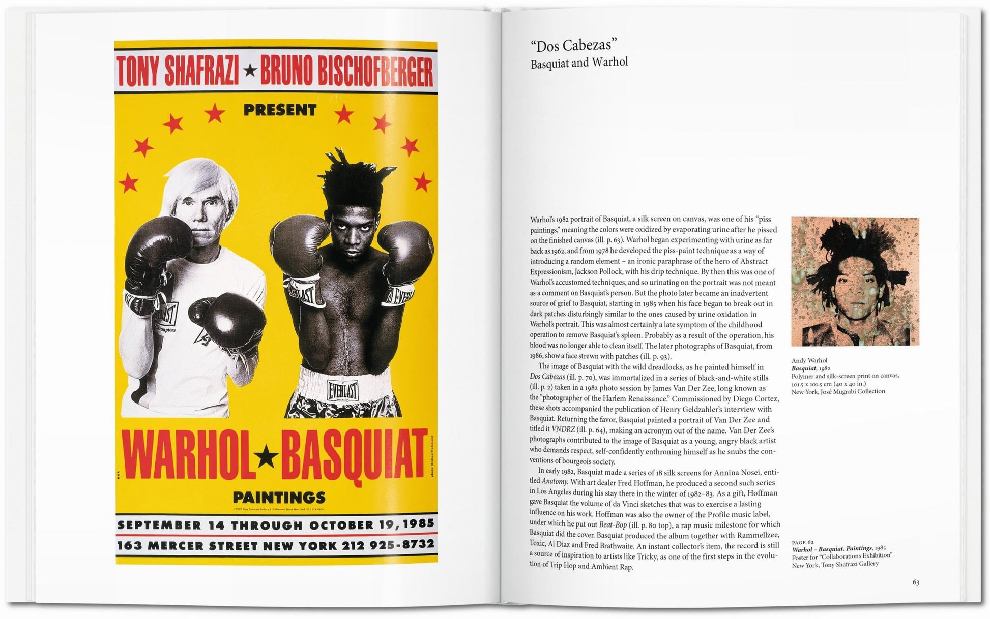 An open TASCHEN Basquiat book features a Warhol and Basquiat boxing poster on the left and, on the right page, text with a small image of Basquiat’s Dos Cabezas—showcasing vibrant contemporary art. Brand: TASCHEN.