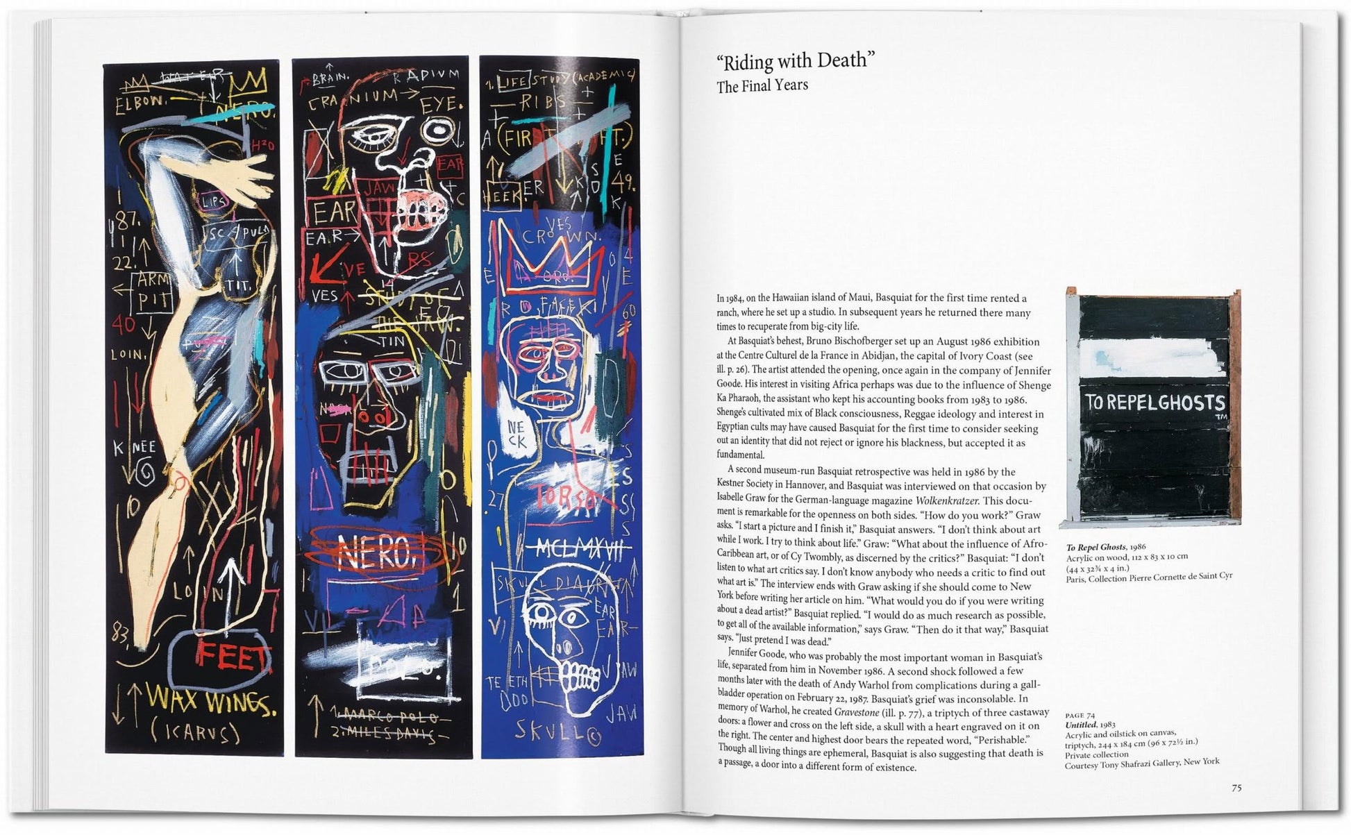 An open TASCHEN Basquiat art book shows three vibrant abstract works by Jean-Michel Basquiat on the left page and, on the right, text titled Riding with Death plus a small image of To Repel Ghosts. Brand: TASCHEN.