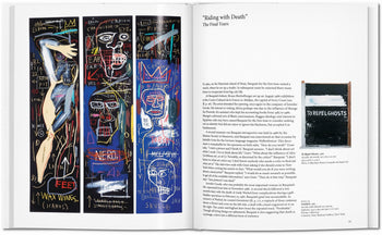An open TASCHEN Basquiat art book shows three vibrant abstract works by Jean-Michel Basquiat on the left page and, on the right, text titled Riding with Death plus a small image of To Repel Ghosts. Brand: TASCHEN.