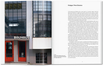 Photo of the Bauhaus building’s entrance with red doors; on the right, TASCHEN Bauhaus by TASCHEN opened to “Prologue: Three Directors,” describing modern history and creative expression at the Bauhaus art school.