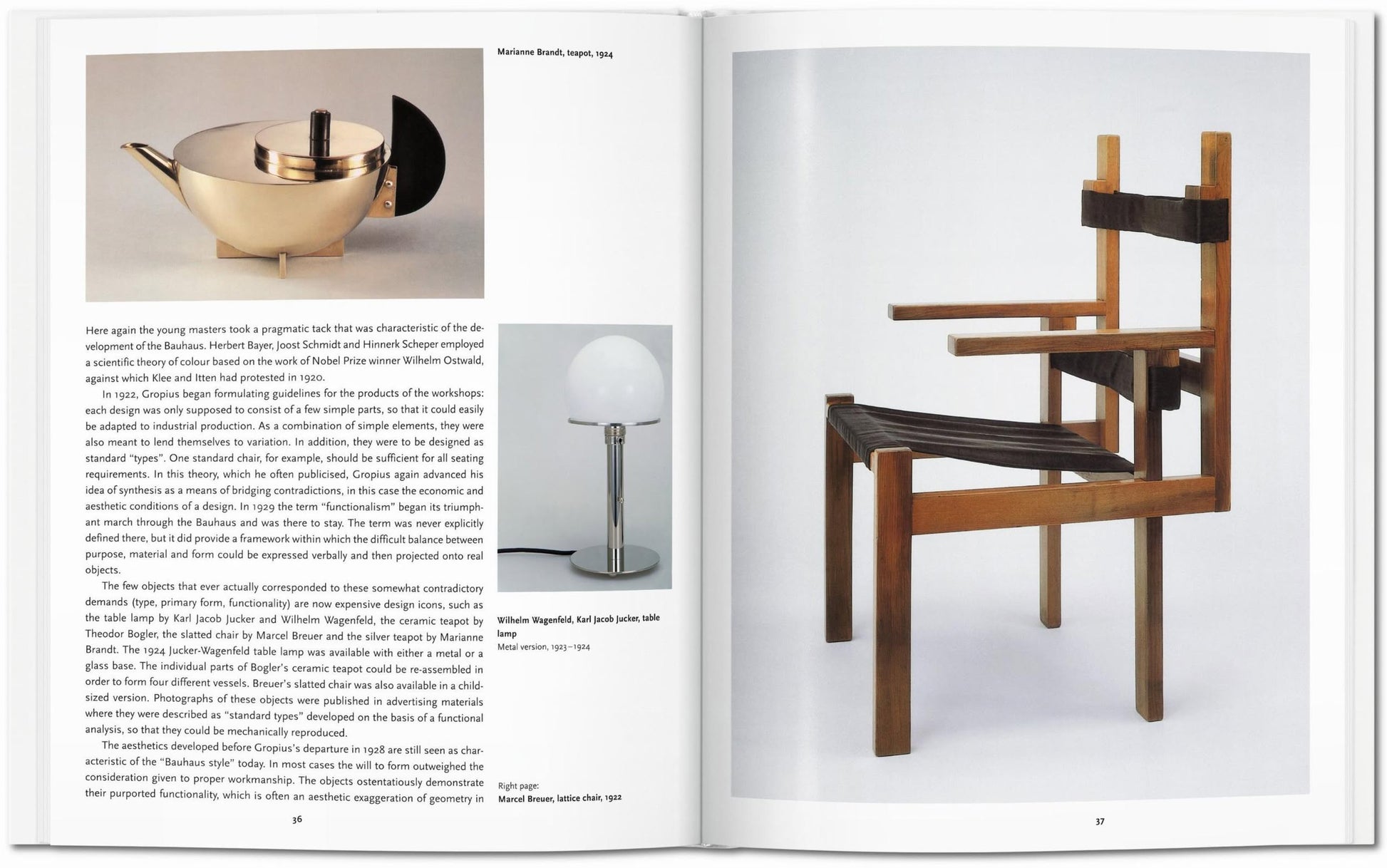The TASCHEN Bauhaus book features a spread with a teapot and spherical lamp on the left, and a geometric wooden chair on the right—showcasing modern design and creative expression from the iconic art school.