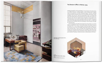An open TASCHEN Bauhaus book displays a photo of a modernist office with geometric furniture and art on the left page; the right page details The Director’s Office in Weimar, 1924 at Bauhaus and features an illustrated floor plan.