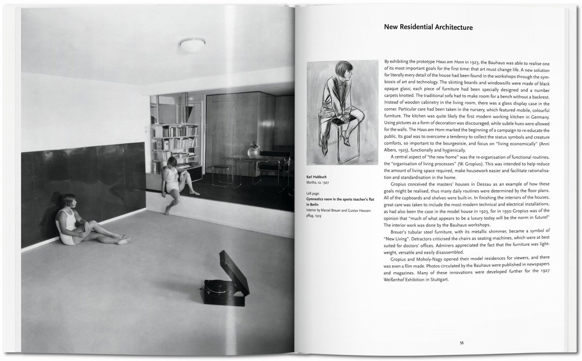 A black-and-white photo of two children in a minimalist living room with a large chalkboard wall and record player appears on an open page of TASCHEN Bauhaus by TASCHEN, capturing the creative spirit of the Bauhaus art school.