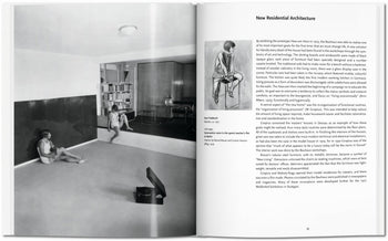 A black-and-white photo of two children in a minimalist living room with a large chalkboard wall and record player appears on an open page of TASCHEN Bauhaus by TASCHEN, capturing the creative spirit of the Bauhaus art school.