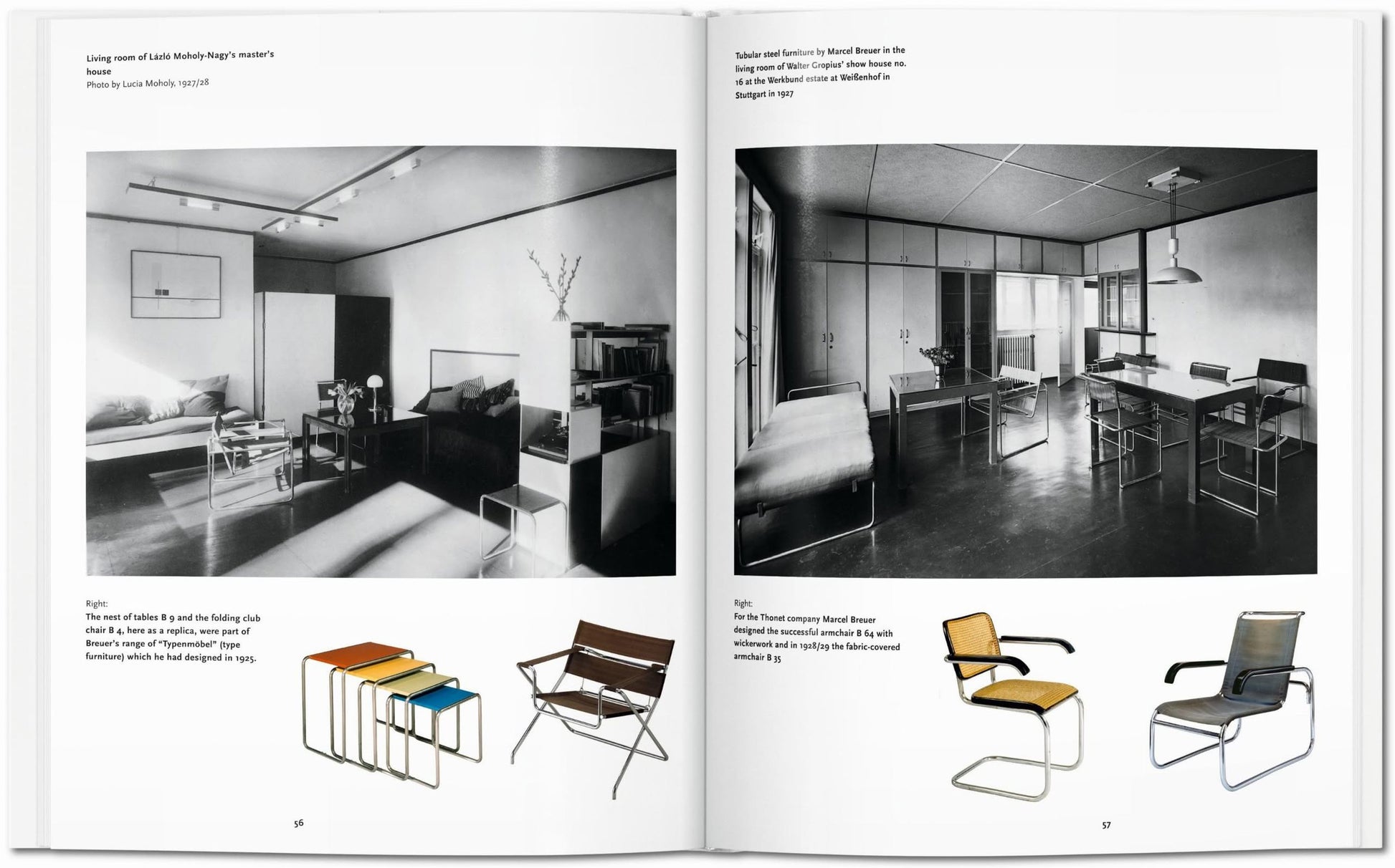 The TASCHEN Bauhaus book by TASCHEN features black-and-white photos of modernist living rooms with minimalist furniture, plus color images of iconic chairs and tables inspired by the Bauhaus art school.