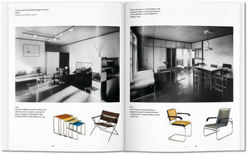 The TASCHEN Bauhaus book by TASCHEN features black-and-white photos of modernist living rooms with minimalist furniture, plus color images of iconic chairs and tables inspired by the Bauhaus art school.