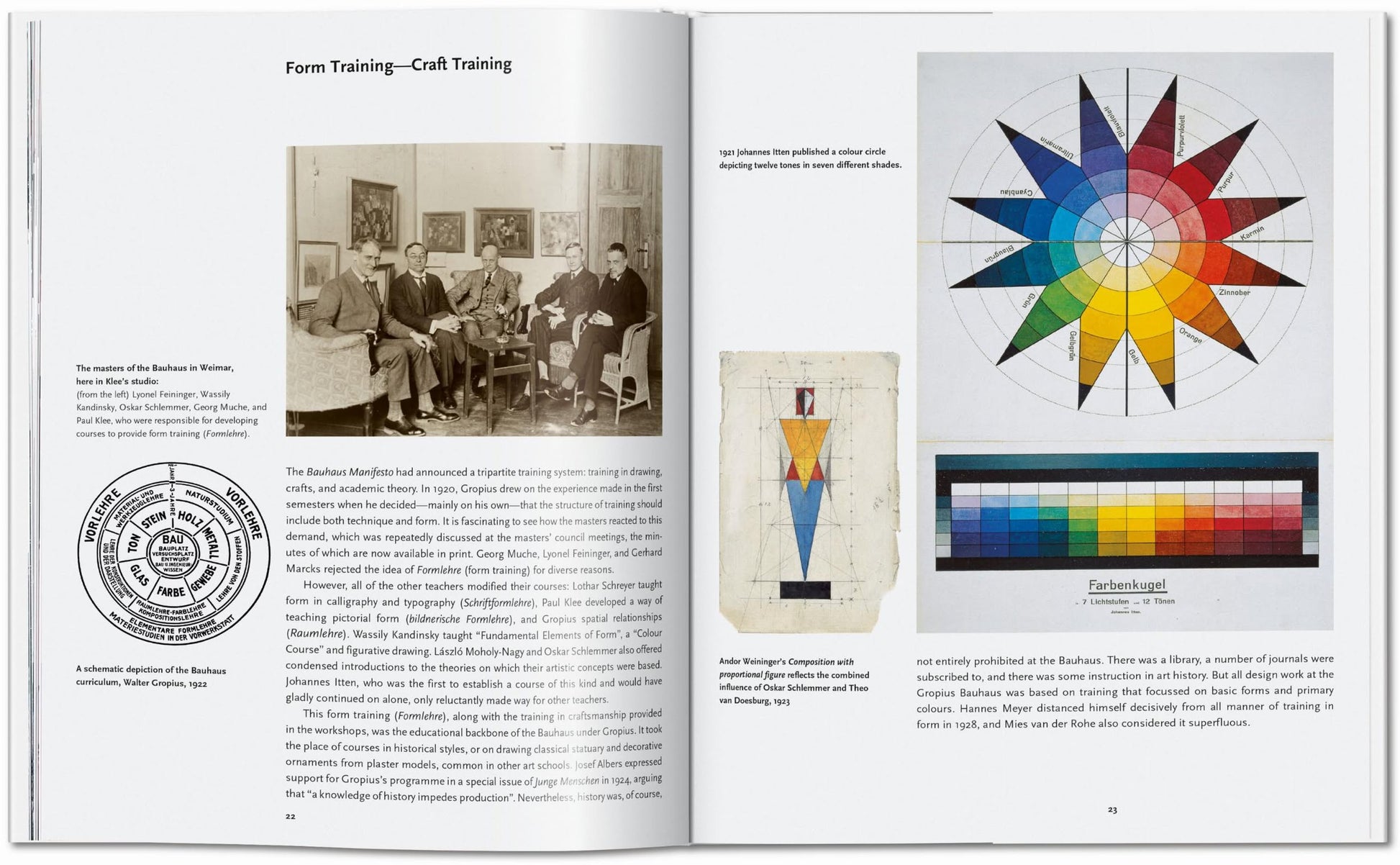 An open TASCHEN Bauhaus book displays black-and-white photos of people, diagrams like a color wheel and gradient chart, and explores Bauhaus art school’s approach to form, color training, and creative expression. Brand: TASCHEN.