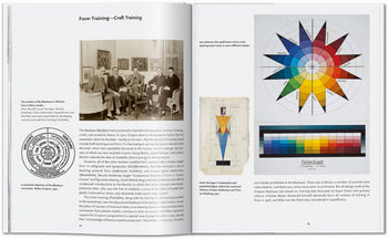 An open TASCHEN Bauhaus book displays black-and-white photos of people, diagrams like a color wheel and gradient chart, and explores Bauhaus art school’s approach to form, color training, and creative expression. Brand: TASCHEN.