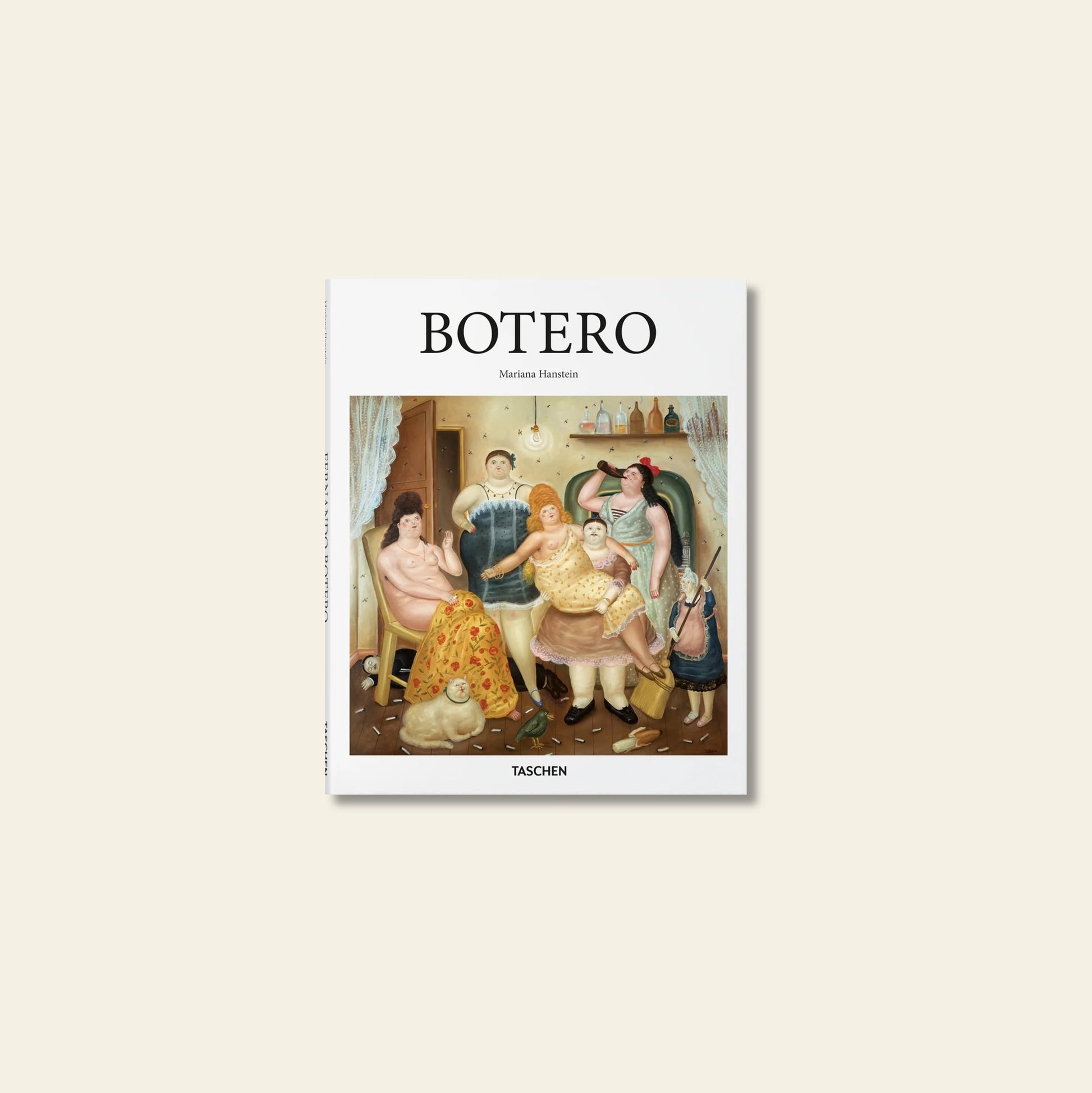 The image shows the cover of TASCHEN Botero by TASCHEN, featuring several rounded, stylized figures in a vibrant domestic scene, capturing Fernando Botero’s iconic artistic style.