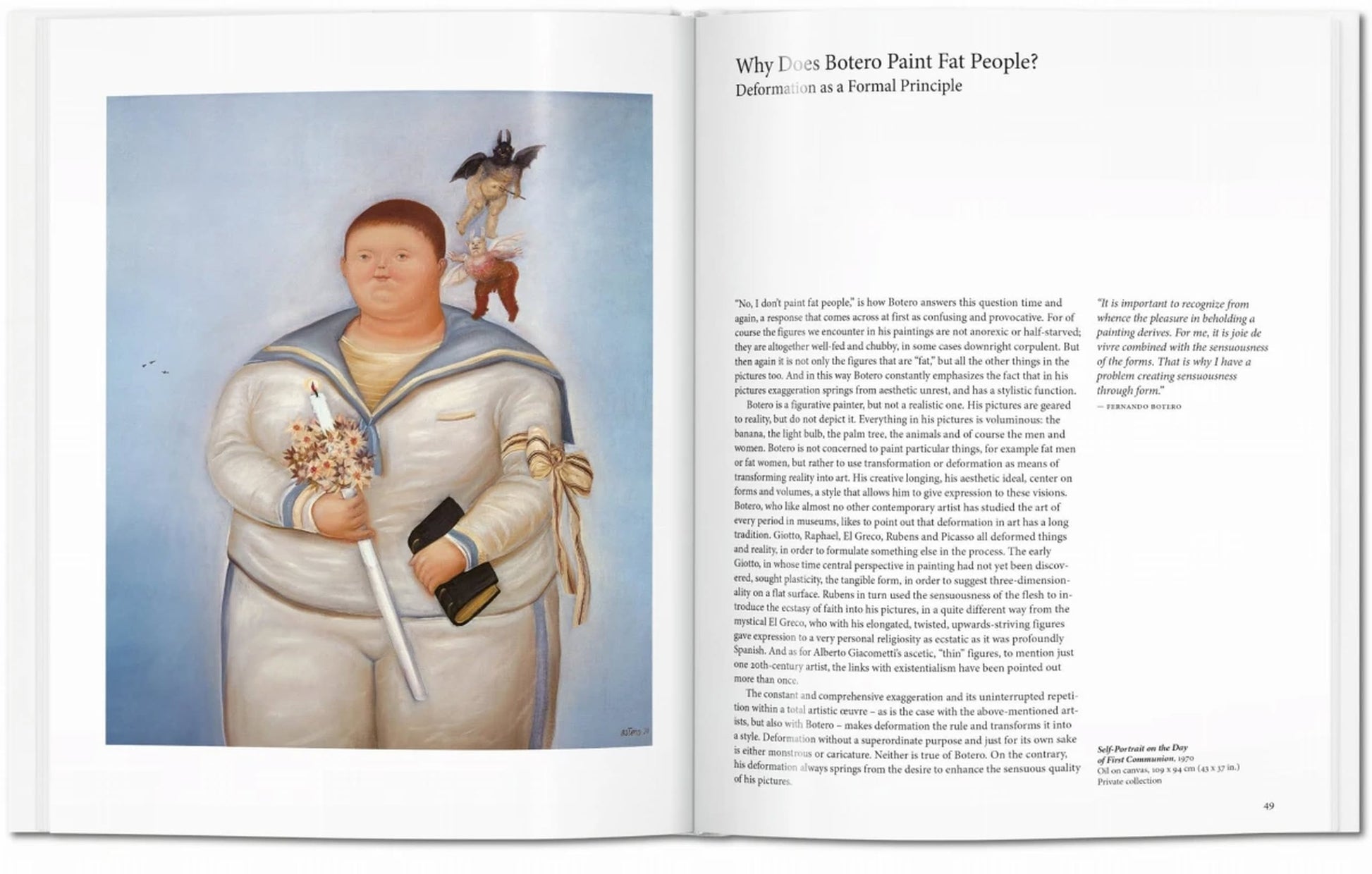 A spread from TASCHEN Botero by TASCHEN shows a Boterismo-style painting of a large sailor holding flowers and a baton on the left, with an essay titled Why Does Botero Paint Fat People? on the right.