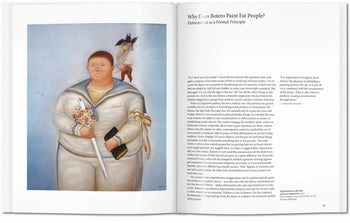 A spread from TASCHEN Botero by TASCHEN shows a Boterismo-style painting of a large sailor holding flowers and a baton on the left, with an essay titled Why Does Botero Paint Fat People? on the right.