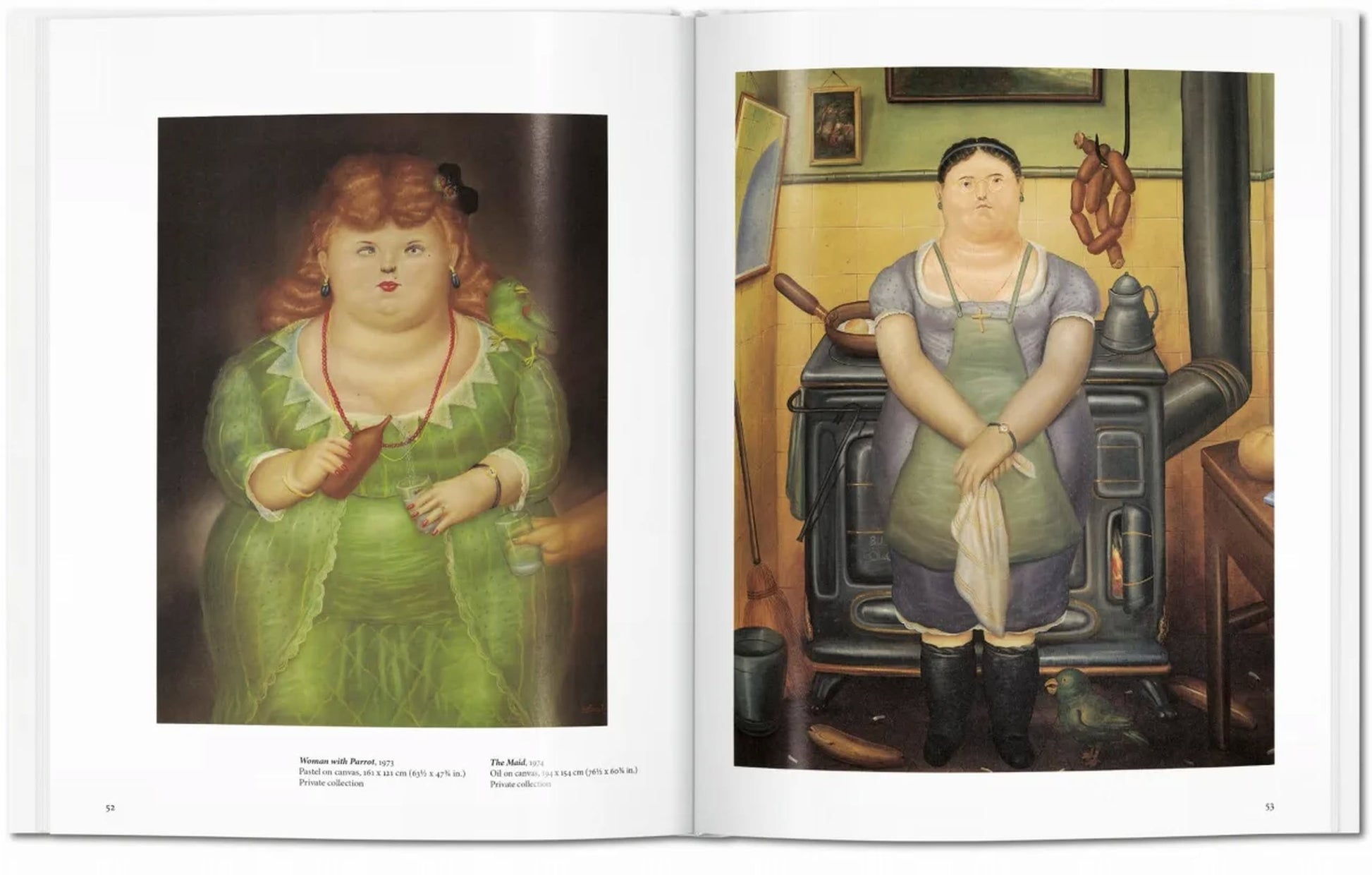 The TASCHEN Botero art book by TASCHEN showcases two paintings of women with Boterismo forms—one in a green dress with a carrot, the other in kitchen attire—capturing Fernando Boteros famed style.