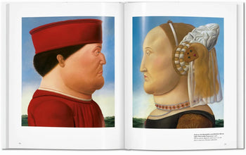 An open TASCHEN Botero art book by TASCHEN shows Boterismo-style portraits: a man in a red hat and robe on the left, and a woman in an ornate headdress and necklace on the right, both facing each other against a plain background.