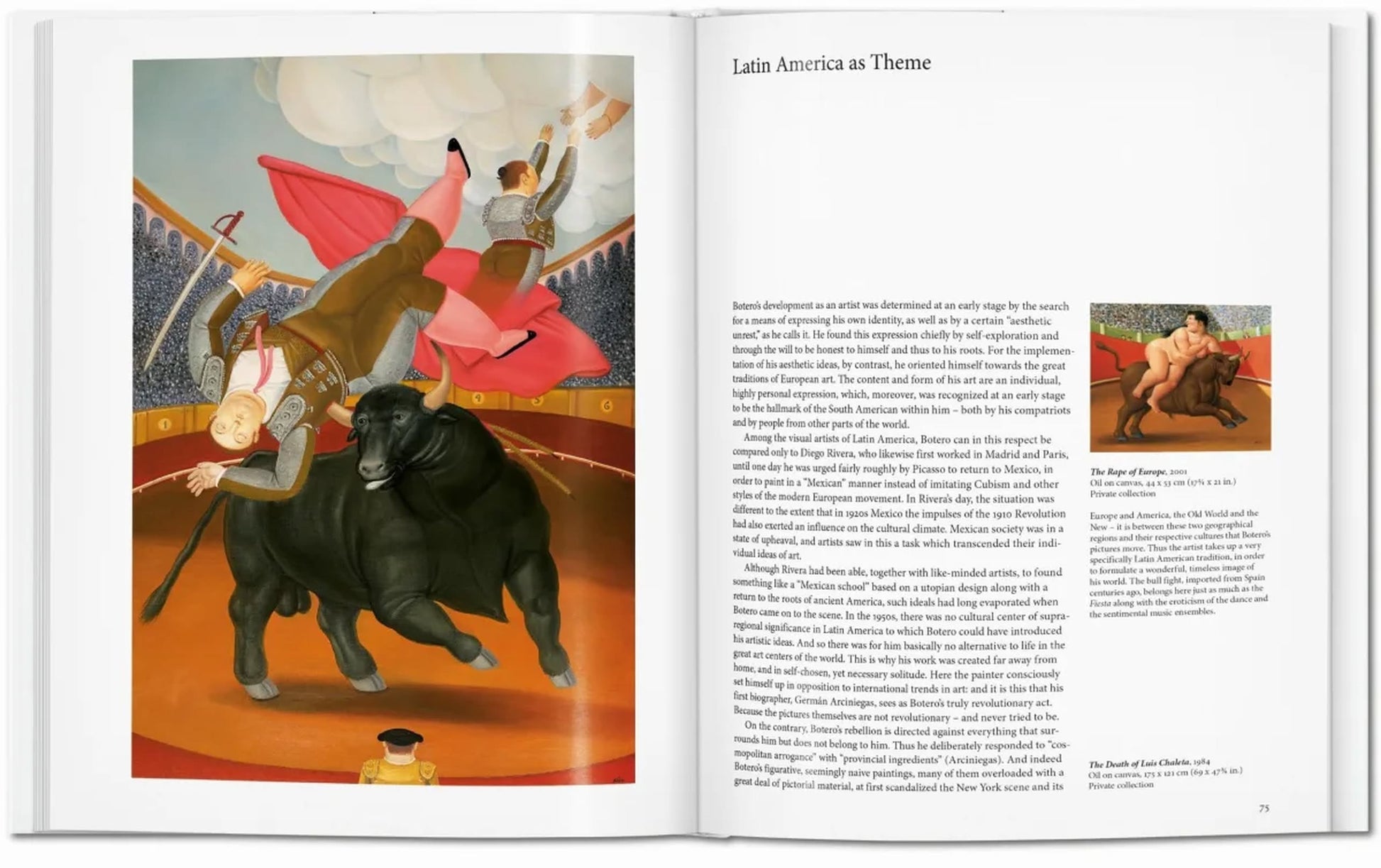 An open TASCHEN Botero book displays a Boterismo painting of a bullfighter falling off a bull in an arena on the left, and text titled “Latin America as Theme” with a small nude artwork by Fernando Botero on the right.
