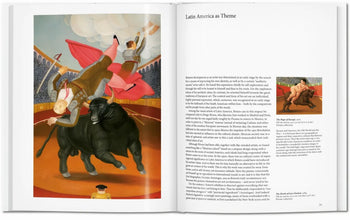 An open TASCHEN Botero book displays a Boterismo painting of a bullfighter falling off a bull in an arena on the left, and text titled “Latin America as Theme” with a small nude artwork by Fernando Botero on the right.