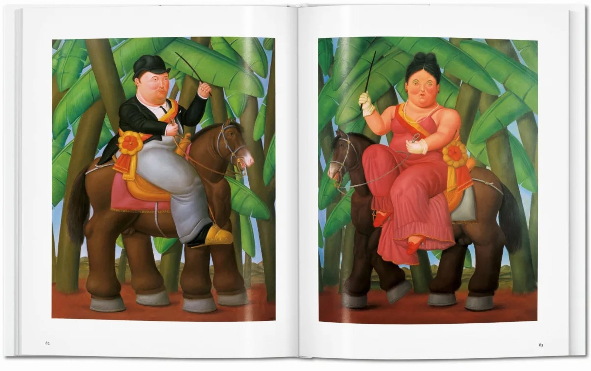 The TASCHEN Botero art book by TASCHEN is open to two Boterismo paintings: a suited man on horseback with green leaves on the left, and a woman in a red dress holding branches on the right.