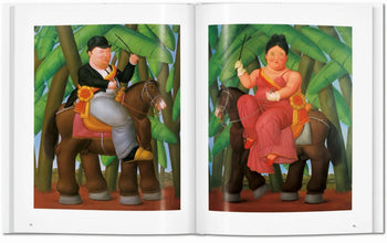 The TASCHEN Botero art book by TASCHEN is open to two Boterismo paintings: a suited man on horseback with green leaves on the left, and a woman in a red dress holding branches on the right.