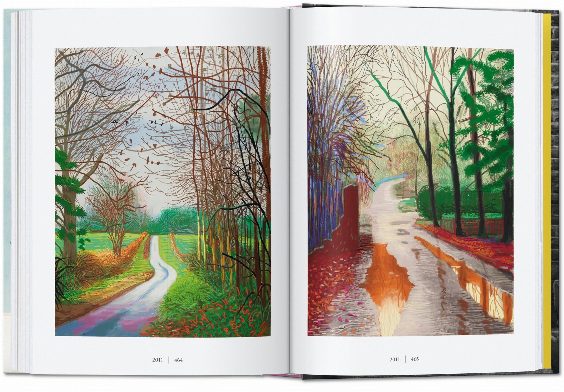 The TASCHEN David Hockney: A Chronology book by TASCHEN opens to vibrant landscape paintings of winding roads—one with leafless trees and green fields, the other featuring autumn hues and puddles—evoking iconic Hockney visuals.