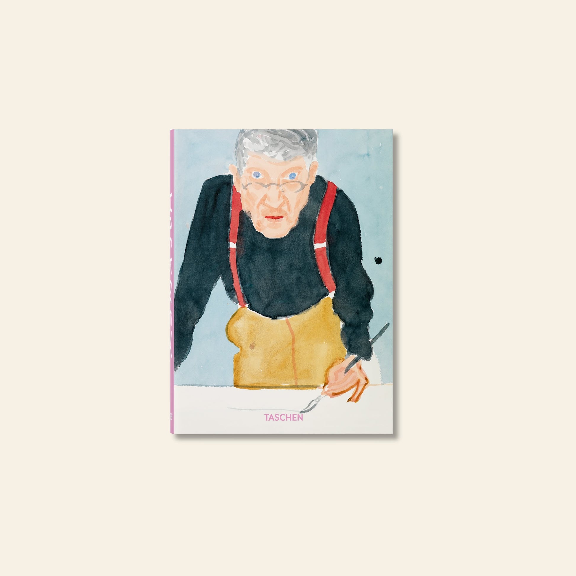 The cover of "TASCHEN David Hockney: A Chronology" shows an older man with gray hair in red suspenders drawing at a table—a nod to Hockney’s iconic look—with the TASCHEN logo at the bottom.