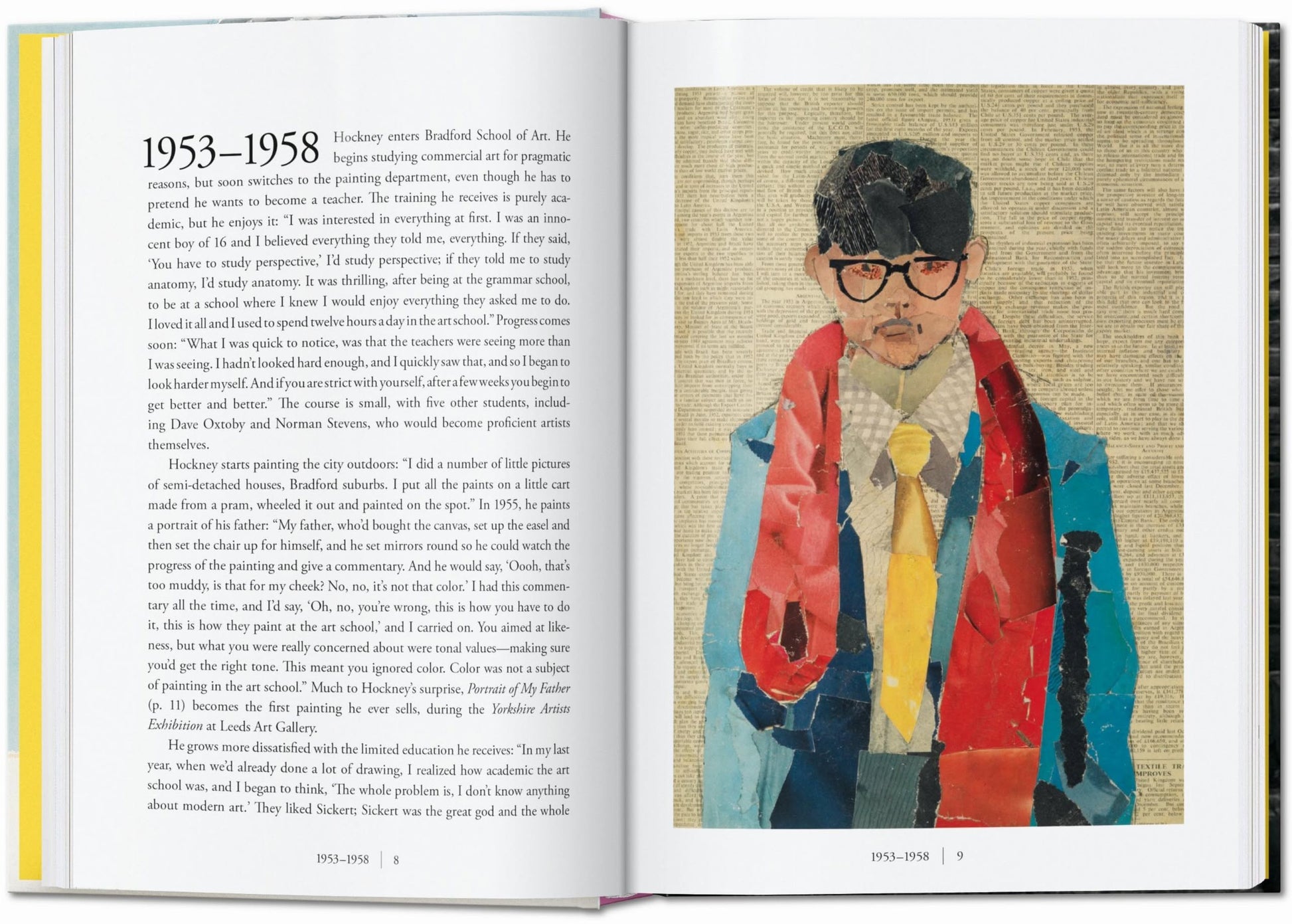 An open TASCHEN David Hockney: A Chronology book displays 1953–1958 text on the left and a collage portrait on the right, evoking Hockney’s iconic art against a background of printed text, suggesting an artistic timeline.
