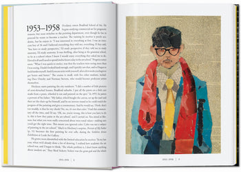 An open TASCHEN David Hockney: A Chronology book displays 1953–1958 text on the left and a collage portrait on the right, evoking Hockney’s iconic art against a background of printed text, suggesting an artistic timeline.