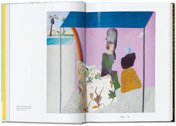 An open TASCHEN David Hockney: A Chronology art book by TASCHEN shows a vibrant painting of two abstract figures in a pink room with a blue roof, patterned furniture, and a tropical pool scene with a rainbow visible through the window.
