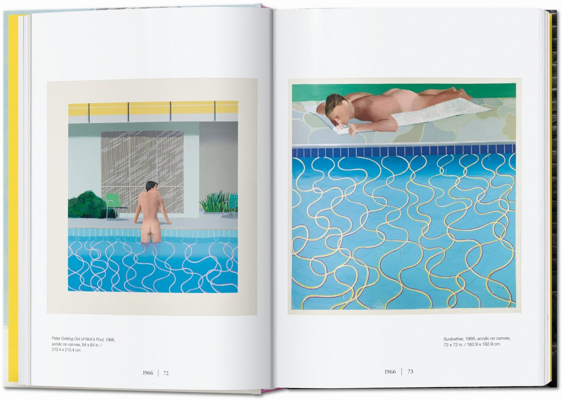 The open TASCHEN David Hockney: A Chronology art book shows iconic visuals: a nude figure from behind in a pool (left), and another nude on a diving board over water (right)—hallmarks of Hockney, by TASCHEN.