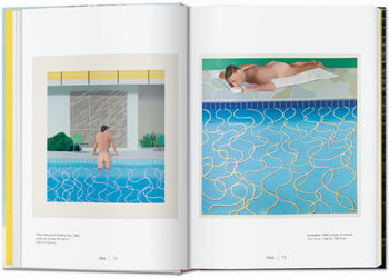 The open TASCHEN David Hockney: A Chronology art book shows iconic visuals: a nude figure from behind in a pool (left), and another nude on a diving board over water (right)—hallmarks of Hockney, by TASCHEN.
