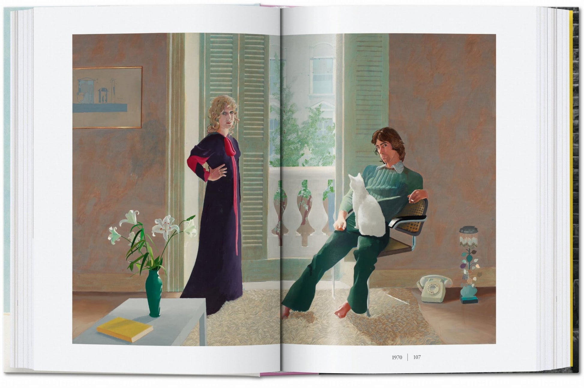 The TASCHEN David Hockney: A Chronology book features artwork in the iconic Hockney style, depicting a woman standing and a man seated with a white cat in an elegant, sunlit room adorned with flowers and pastel decor.