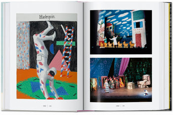 In TASCHEN's "David Hockney: A Chronology," an open spread shows a harlequin performing a handstand on the left page, with two lively theatrical stage scenes on the right, all featuring vivid backgrounds and costumed performers.