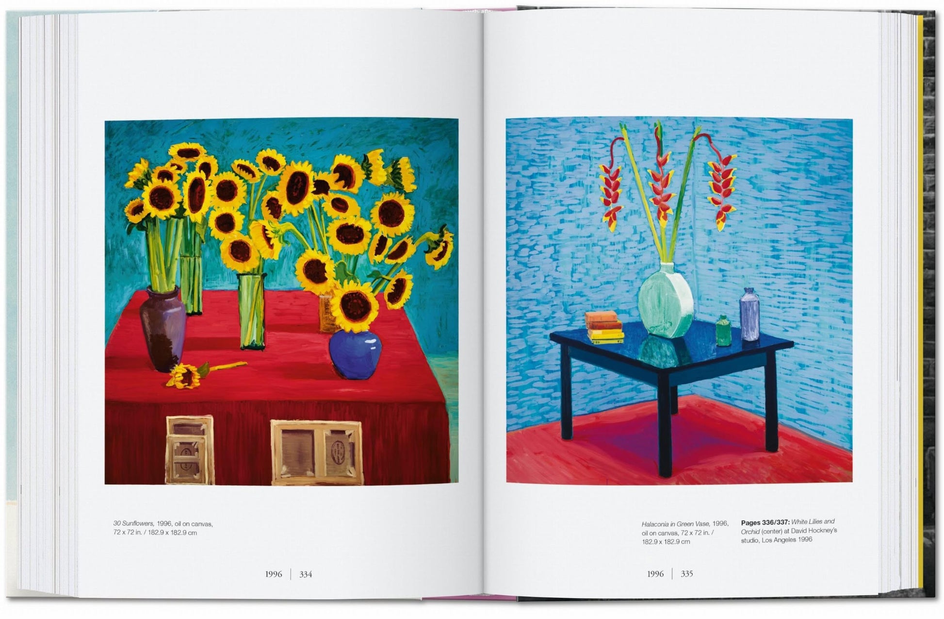An open book, TASCHEN David Hockney: A Chronology, displays vibrant visuals—yellow sunflowers on a red table left, tall orange flowers on a blue table right—echoing David Hockney’s iconic art style.