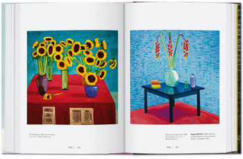 An open book, TASCHEN David Hockney: A Chronology, displays vibrant visuals—yellow sunflowers on a red table left, tall orange flowers on a blue table right—echoing David Hockney’s iconic art style.