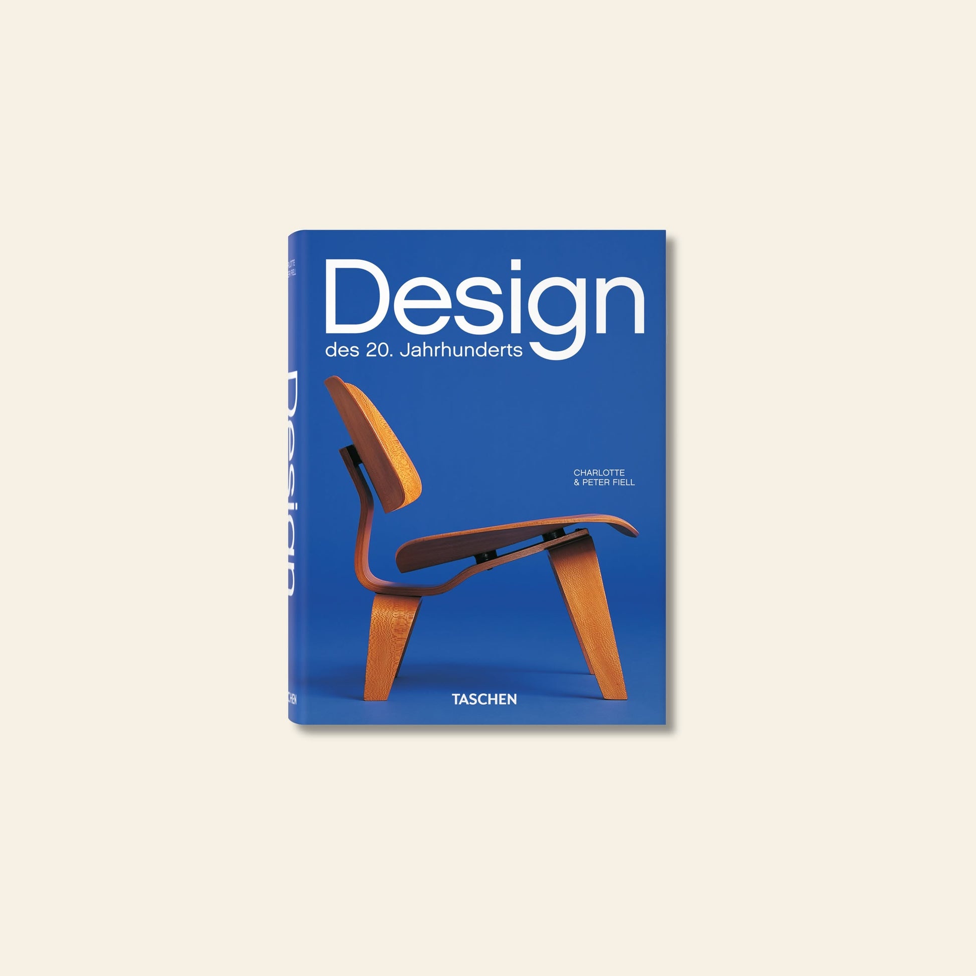 The TASCHEN Design of the 20th Century book by TASCHEN has a blue cover with a photo of a modern wooden chair, showcasing major 20th-century design movements.