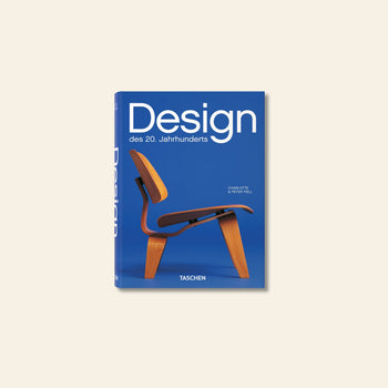 The TASCHEN Design of the 20th Century book by TASCHEN has a blue cover with a photo of a modern wooden chair, showcasing major 20th-century design movements.