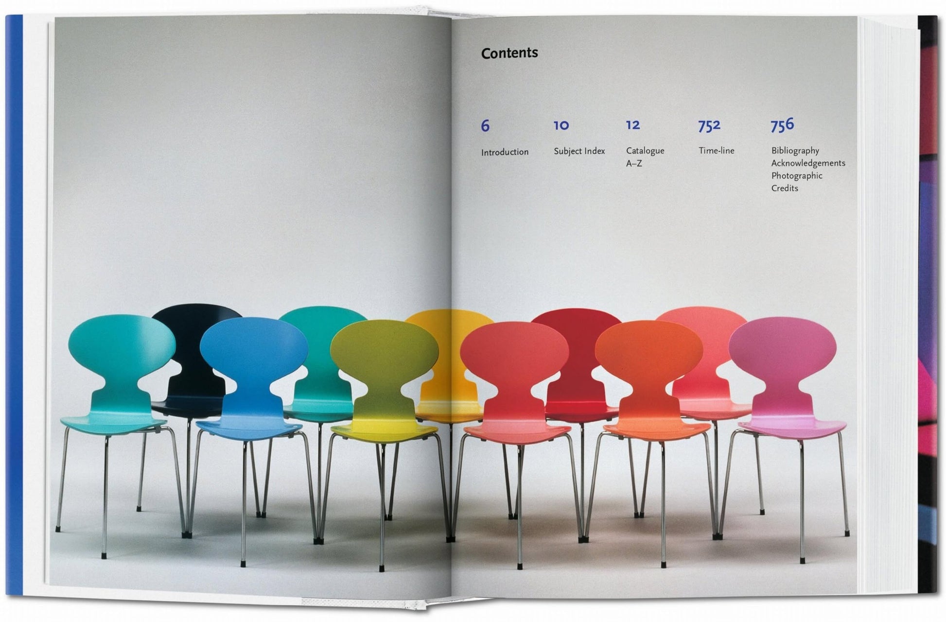 Eight identical chairs in black, light blue, blue, green, yellow, orange, red, and pink are lined up against a neutral background in TASCHEN’s Design of the 20th Century book, with the contents list visible at the top.