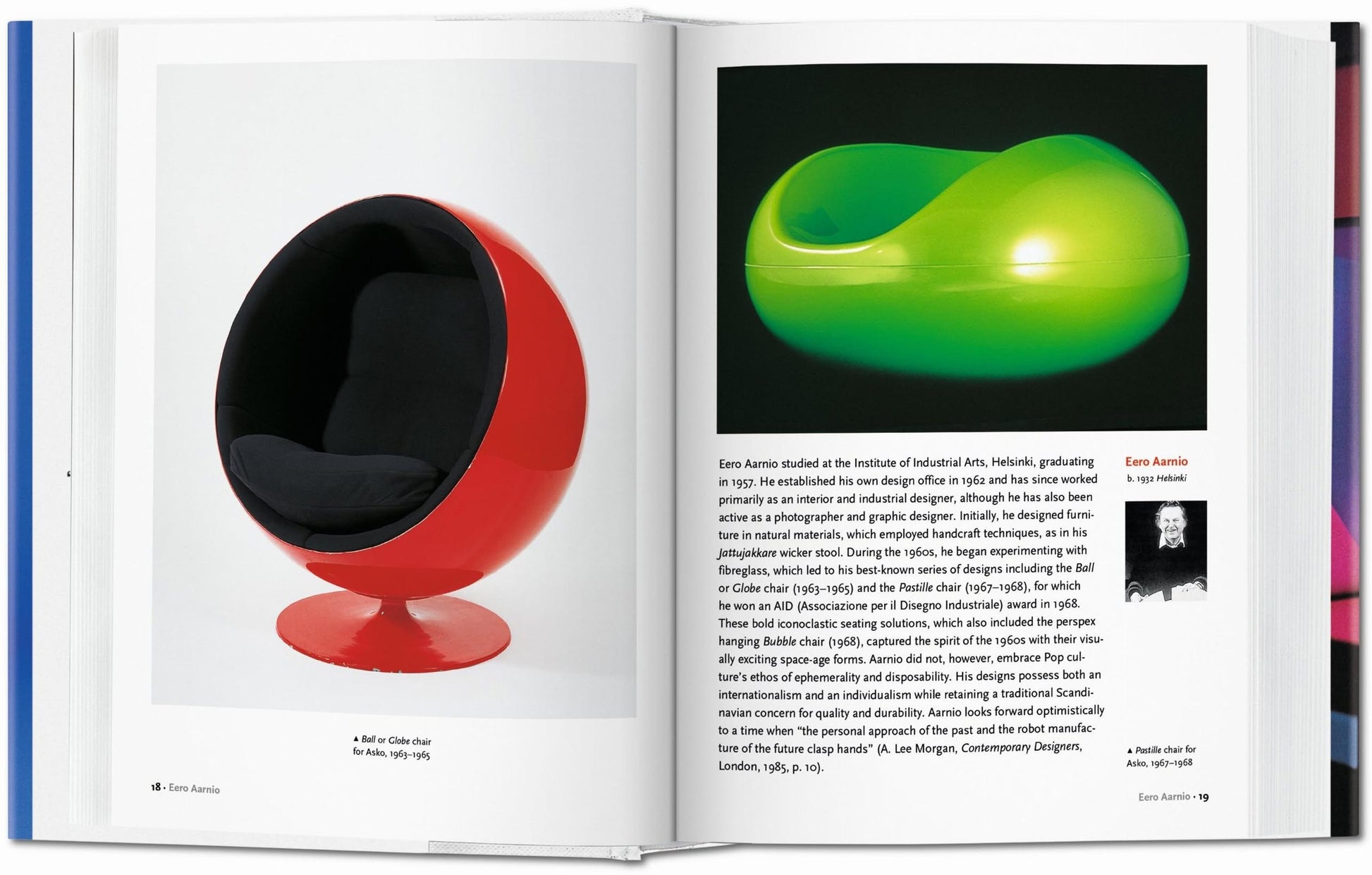 An open copy of TASCHEN’s Design of the 20th Century shows a red spherical chair with a black interior on the left page and a bright green rounded seat on the right, capturing iconic design, text, and a small portrait below the green seat.