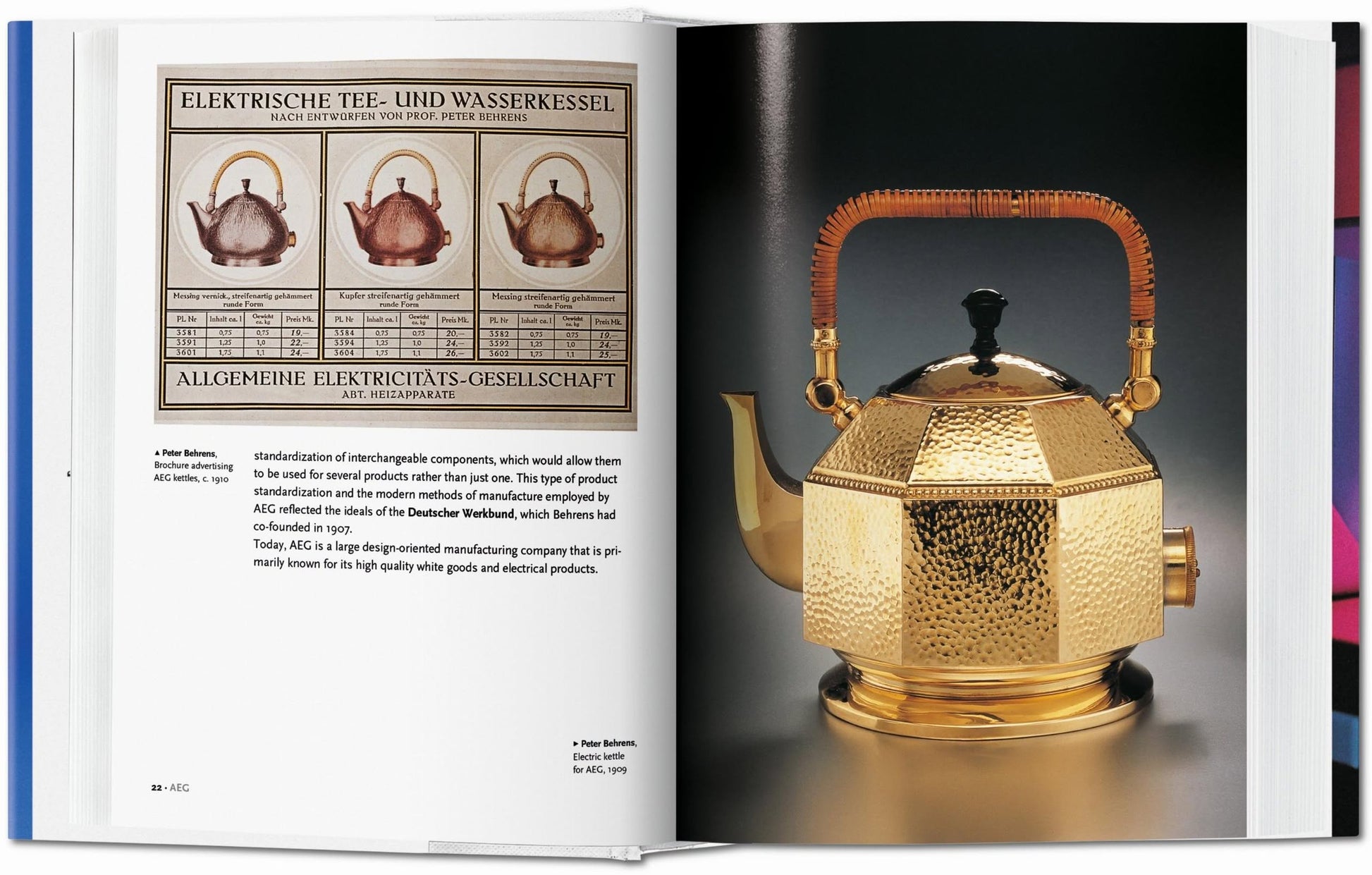 A spread from TASCHENs Design of the 20th Century shows a vintage electric kettle ad on one page and a gold, textured kettle with a wicker-wrapped handle on the other—ideal for any design lover.