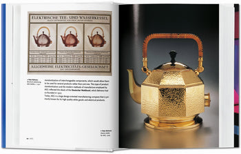A spread from TASCHENs Design of the 20th Century shows a vintage electric kettle ad on one page and a gold, textured kettle with a wicker-wrapped handle on the other—ideal for any design lover.