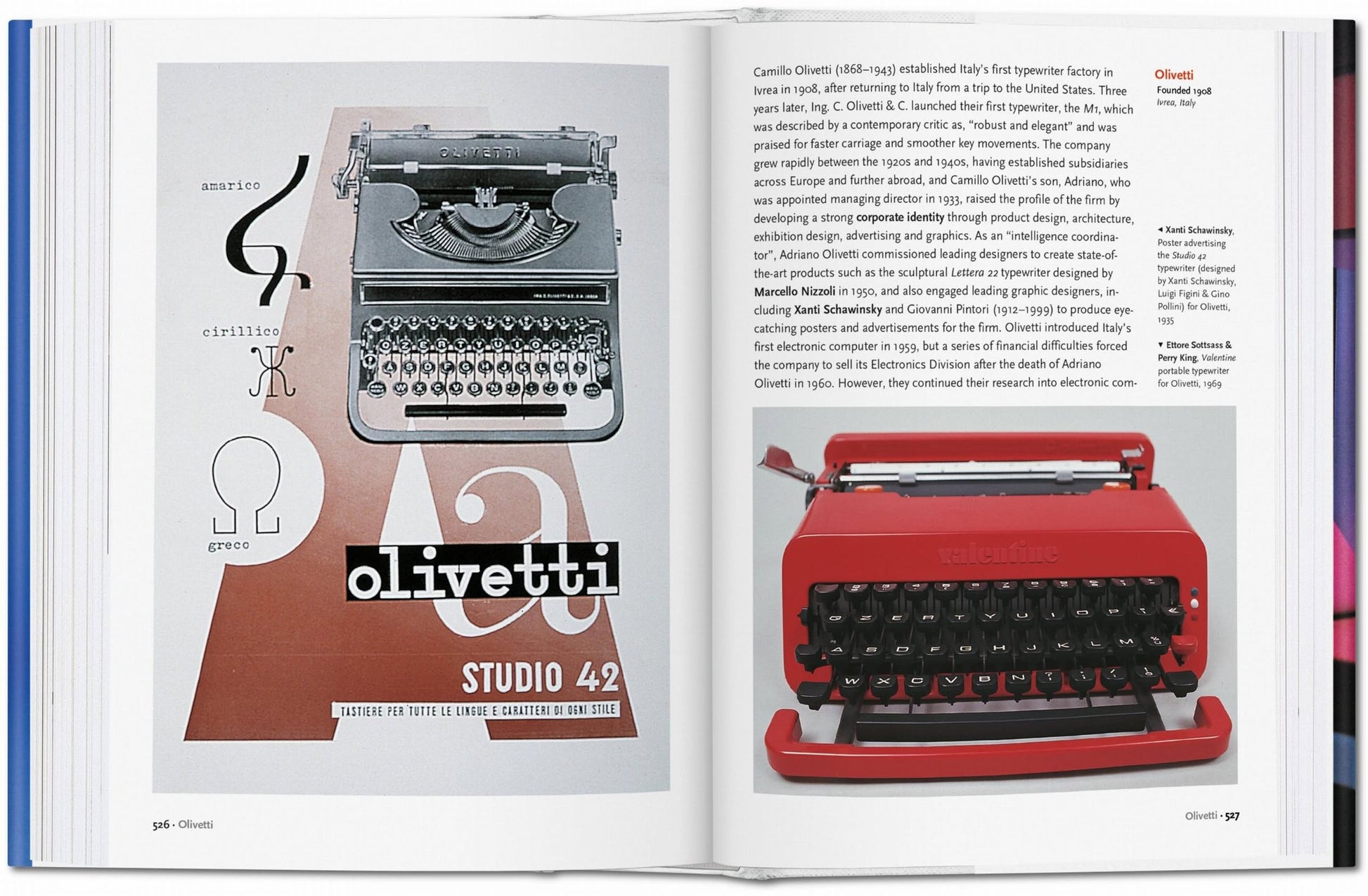 A book spread in TASCHEN Design of the 20th Century shows a vintage Olivetti typewriter poster and a red Olivetti typewriter, with text on Camillo Olivetti and the brand’s role in 20th-century design.