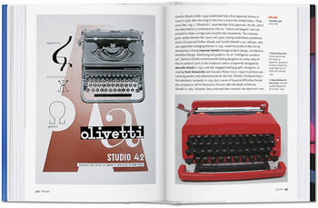 A book spread in TASCHEN Design of the 20th Century shows a vintage Olivetti typewriter poster and a red Olivetti typewriter, with text on Camillo Olivetti and the brand’s role in 20th-century design.