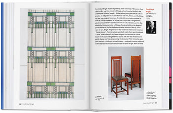 An open TASCHEN Design of the 20th Century book shows a geometric architectural drawing on the left and two wooden chairs on the right, alongside text about Frank Lloyd Wright and his portrait in the upper right corner.