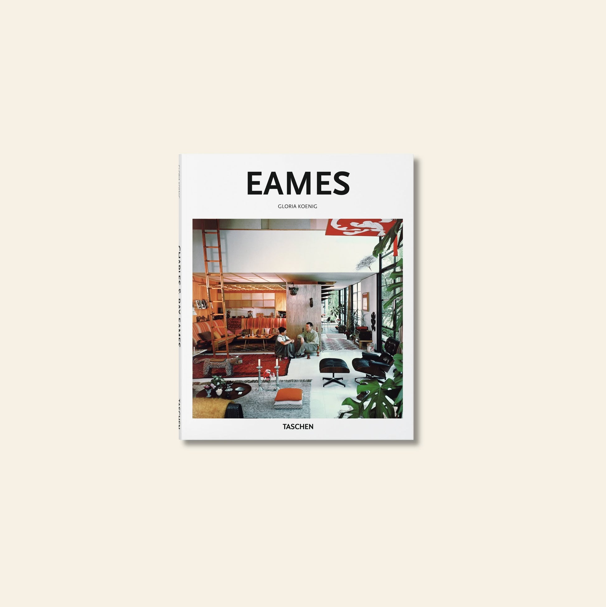 The book cover for TASCHEN Eames showcases a mid-century modern interior inspired by Eames, with stylish furniture, plants, and people. The title appears above the authors name and TASCHEN brand.