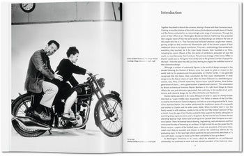 In TASCHEN Eames by TASCHEN, a black-and-white photo of a man and woman on a vintage motorcycle appears on the left page, while the right page features text labeled Introduction at the top.