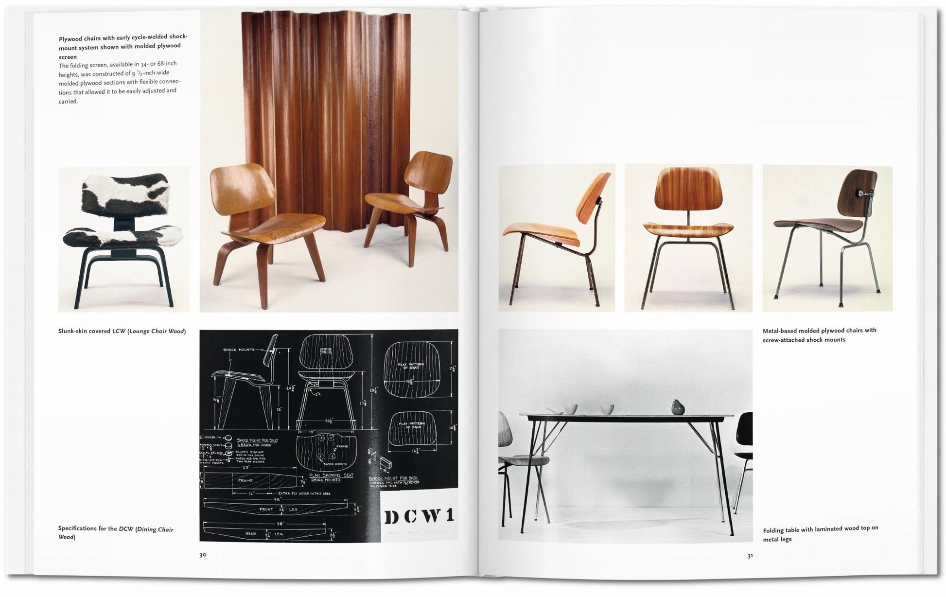 An open TASCHEN Eames book reveals images of Charles and Ray Eames chairs, a wooden screen, design blueprints, and tables—showcasing mid-century modern furniture, sketches, and material details from the TASCHEN brand.