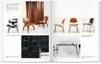 An open TASCHEN Eames book reveals images of Charles and Ray Eames chairs, a wooden screen, design blueprints, and tables—showcasing mid-century modern furniture, sketches, and material details from the TASCHEN brand.