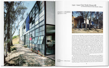 A TASCHEN Eames book spread displays a photo of Case Study House #8’s glass exterior amid trees on the left, with historical text and a smaller mid-century modern interior image featured on the right.